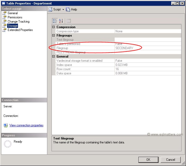 Table properties secondary filegroup